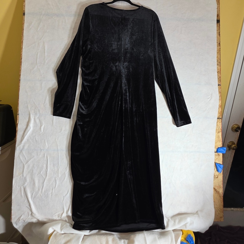 Quiet Velvet Ruched Midi Dress Womens XL Black Long Sleeve Side Slit Classic